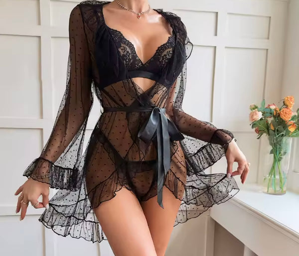 Women Sexy Lace Mesh Robe Lingerie Set