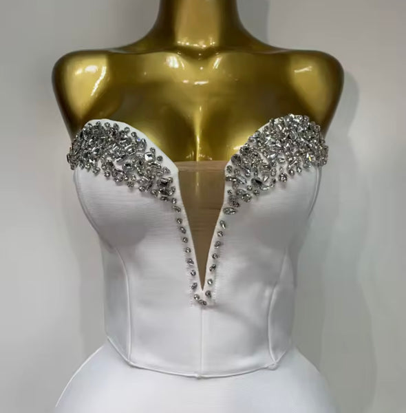 Women White Rhinestone Strapless Sexy Bandage Dress