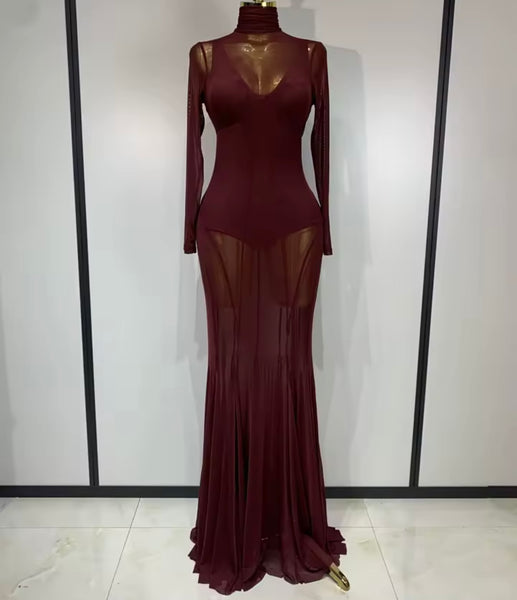 Women Sexy Burgundy Bodysuit Full Sleeve Mesh Maxi Dress