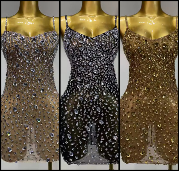 Women Sexy Sleeveless Rhinestone Mesh Dress