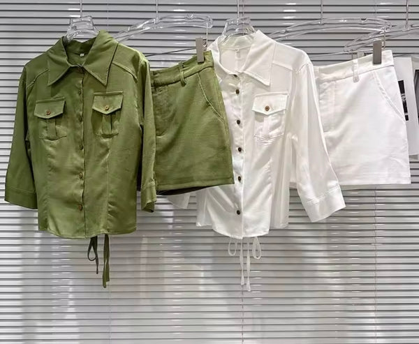 Women Fashion Collar Button Up Two Piece Skirt Set