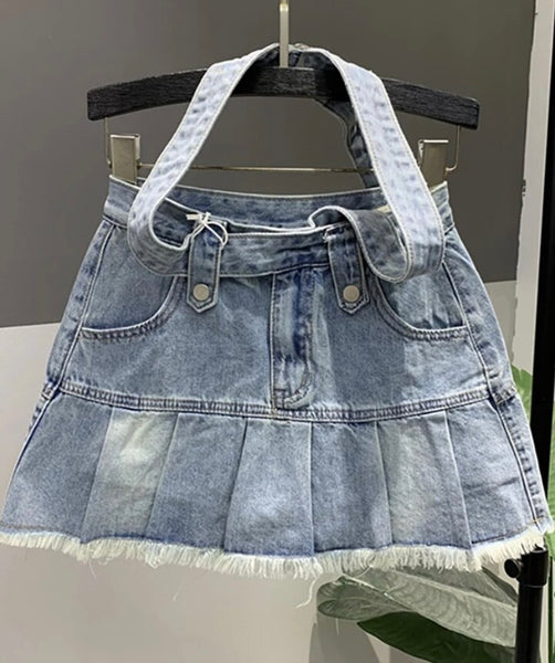 Women Fashion Fringe Pleated Denim Skirt