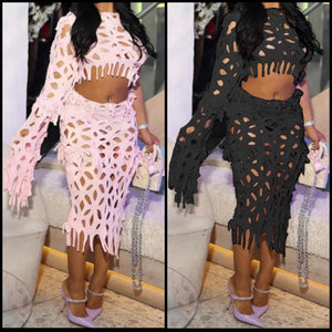 Women Sexy Hollow Out One Shoulder Two Piece Fringe Skirt Set