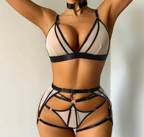 Women B&W Mesh Sexy G-String Lingerie Set