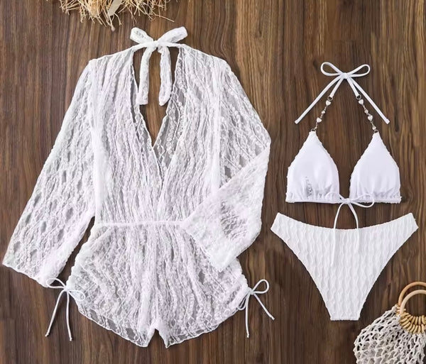 Women Sexy White Bikini Lace Cover Up Set