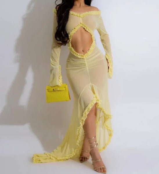 Women Sexy Full Sleeve Ruffled Cut Out Mesh Maxi Dress