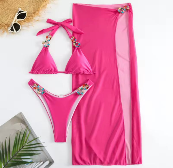 Sexy Colorful Crystal Halter Bikini Cover Up Set