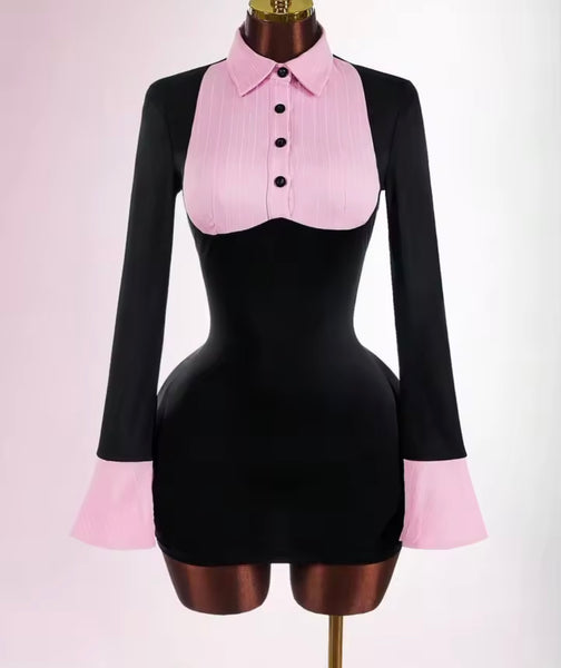 Women Sexy Color Patchwork Button Up Collar Full Sleeve Dress