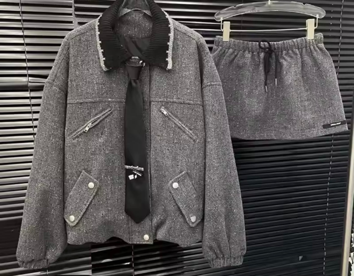 Women Gray Tie Fashion Jacket Two Piece Skirt Set