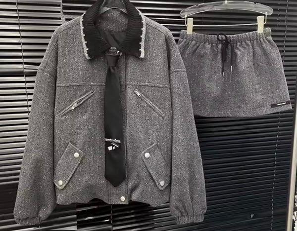 Women Gray Tie Fashion Jacket Two Piece Skirt Set