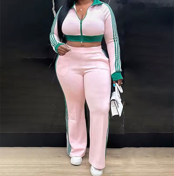 Women Color Fashion Full Sleeve Striped Tracksuit Two Piece Pant Set