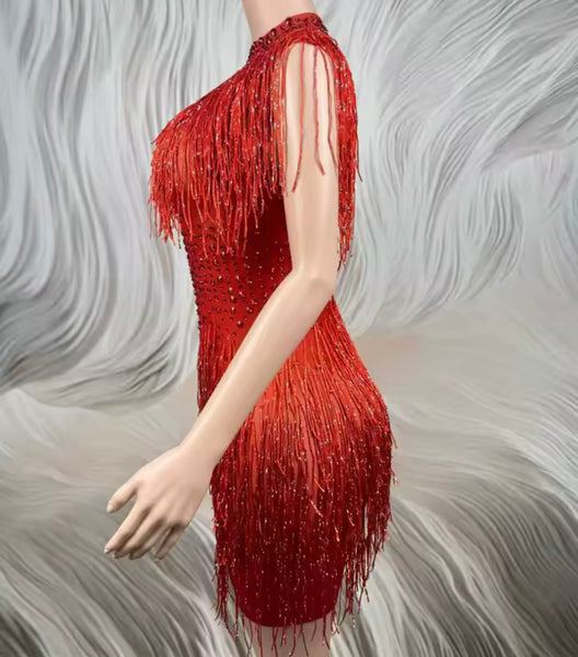 Women Red Sexy Fringe Tassel Rhinestone Dress