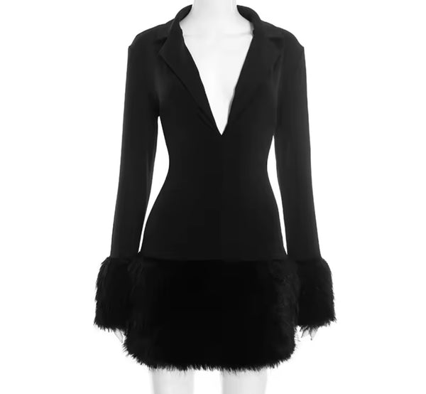 Women Black Sexy Fur Patchwork Blazer Dress