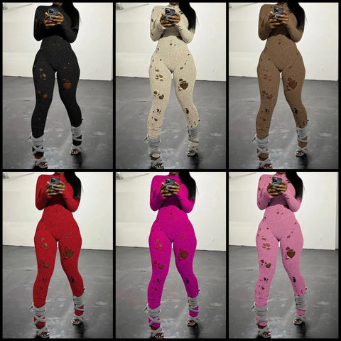 Women Sexy Fashion Full Sleeve Ripped Knitted Jumpsuit