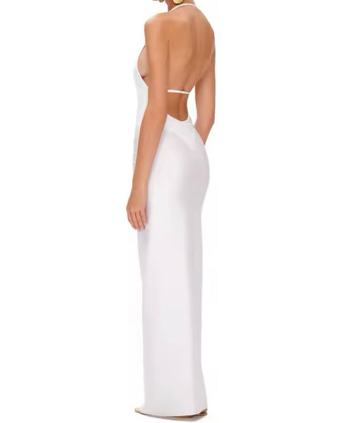 Women Sexy Solid Color Gold Metal Cut Out Halter Swimsuit Cover Up Set