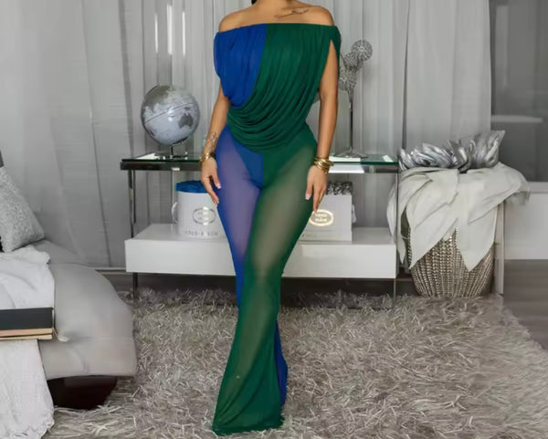 Women Off The Shoulder Draped Color Patchwork Jumpsuit