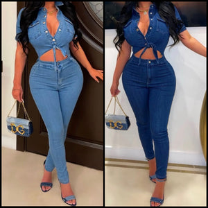 Women Short Sleeve Cut Out Sexy Denim Jumpsuit