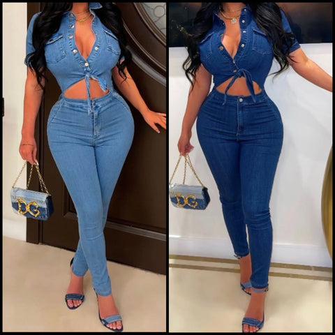 Women Short Sleeve Cut Out Sexy Denim Jumpsuit