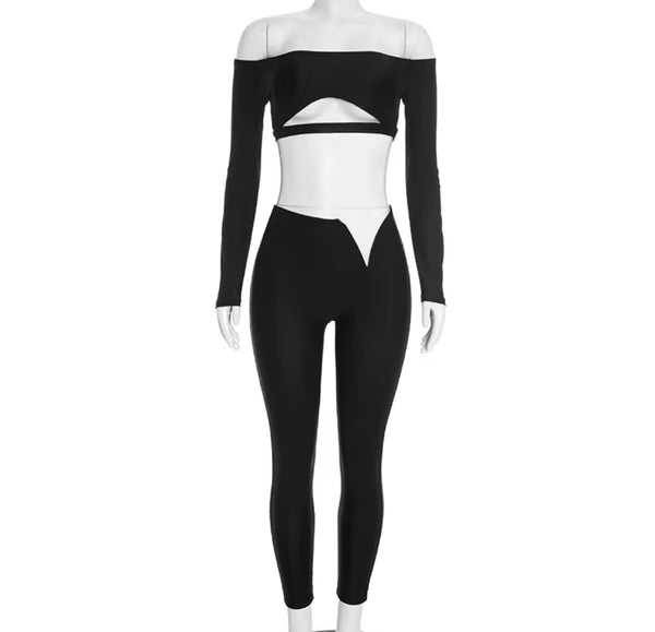 Women Off The Shoulder Cut Out Full Sleeve Crop Two Piece Pant Set