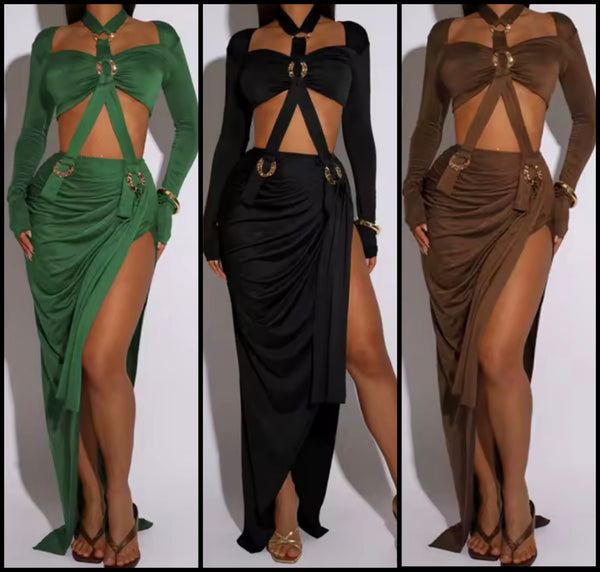 Women Sexy Choker Cut Out Full Sleeve Maxi Dress