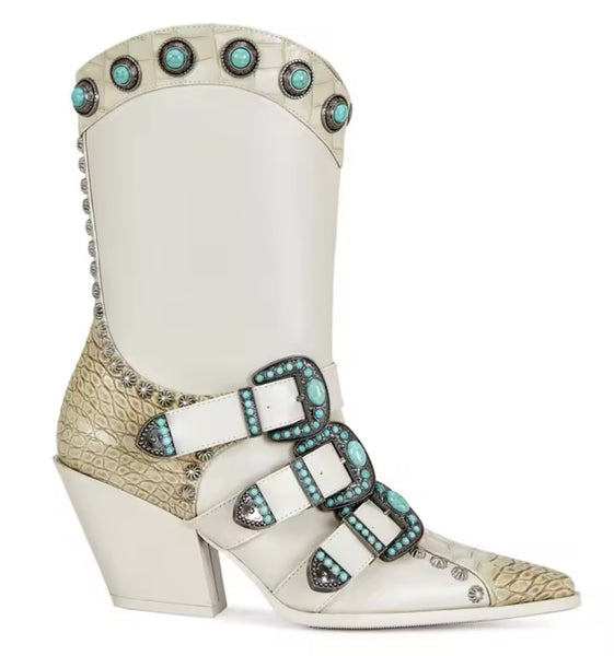 Women Fashion Animal Print Buckled Jewel Ankle Western Boots