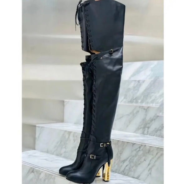 Women Black Gold Heel Fashion Lace Up Thigh High Boots