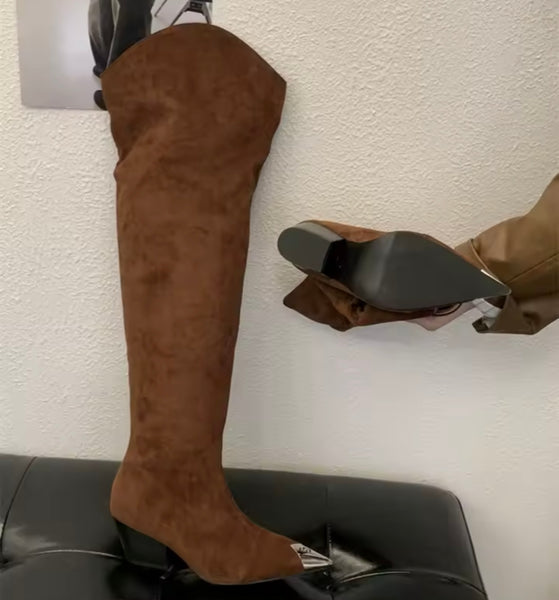 Women Metal Pointed Toe Suede Fashion Knee High Western Boots