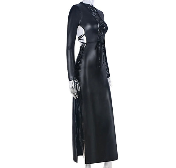 Women Sexy Black PU Full Sleeve Side Slit Maxi Dress