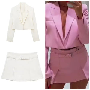 Women Sexy Fashion Color Blazer Two Piece Skirt Set