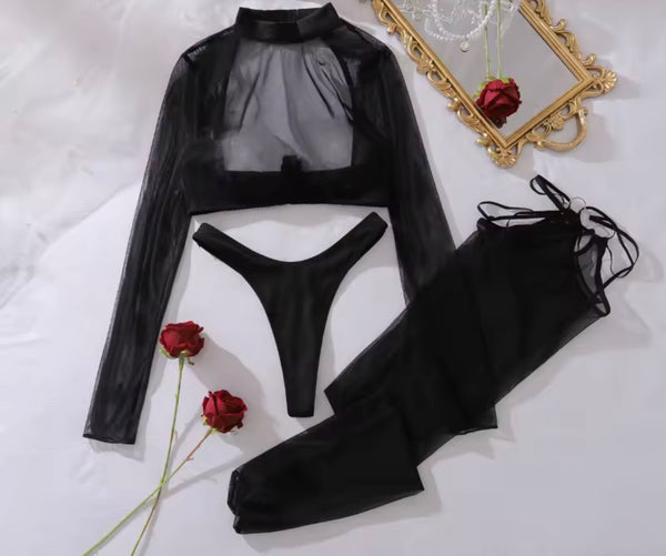 Women Sexy See Through Mesh Full Sleeve Lingerie Set