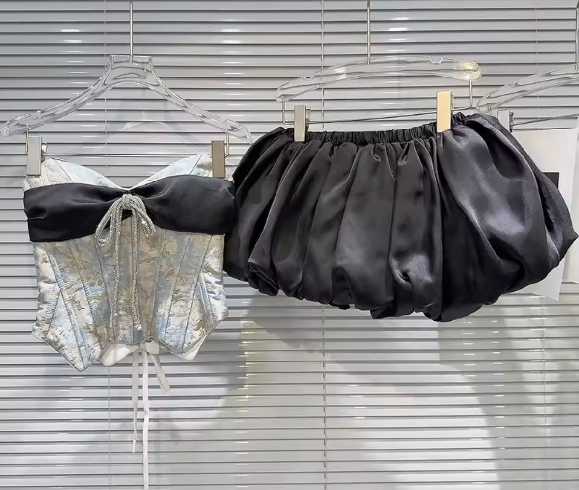Women Sexy Strapless Corset Two Piece Bubble Skirt Set