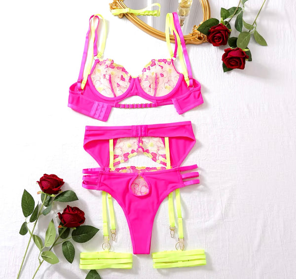 Women Sexy Color Patchwork Heart Print Lingerie Set