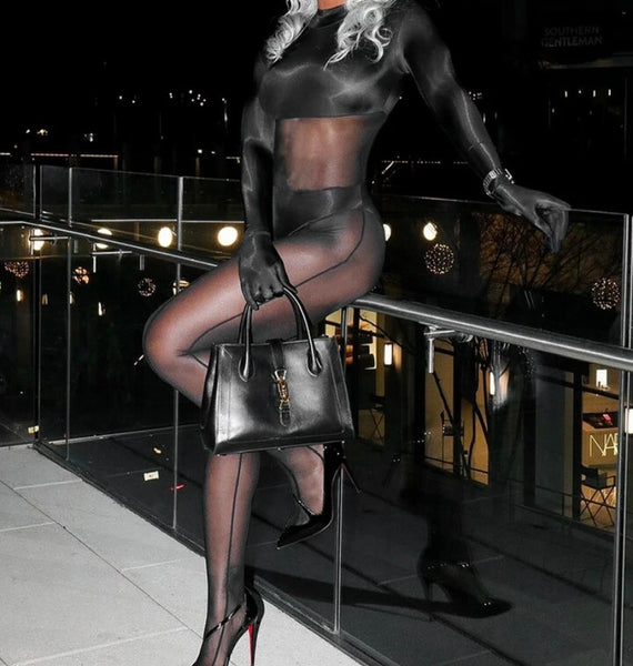 Women Sexy Glove Full Sleeve Feet In Mesh Patchwork Jumpsuit