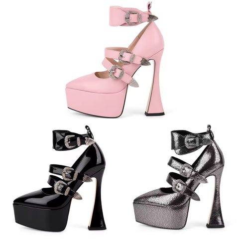 Women Pointed Toe Platform  Buckled Ankle Strap High Heels