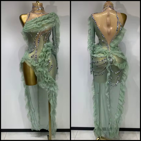 Women Green Ruffle Rhinestone One Shoulder Asymmetrical Dress