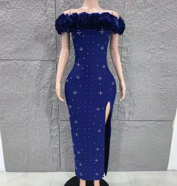 Women Floral Strapless Beaded Rhinestone Maxi Dress