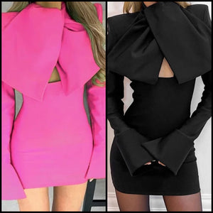 Women Bow Full Sleeve Sexy Solid Color Dress