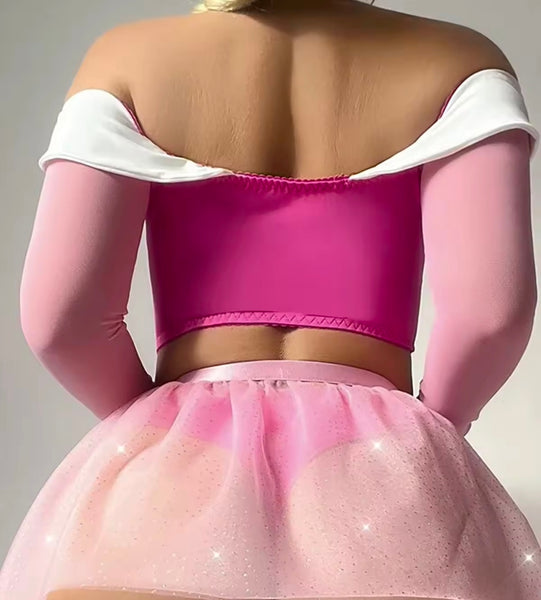 Women Sexy Pink Off The Shoulder Mesh Lingerie Set