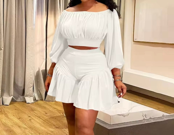 Women Solid Color Off The Shoulder Two Piece Short Set