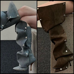 Women Fashion Button High Heel Knee High Boots
