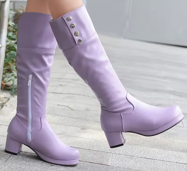 Women Color Button Fashion Faux Leather Knee High Boots