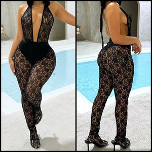 Women Black Sexy Halter Lace Bodysuit Two Piece Pant Set