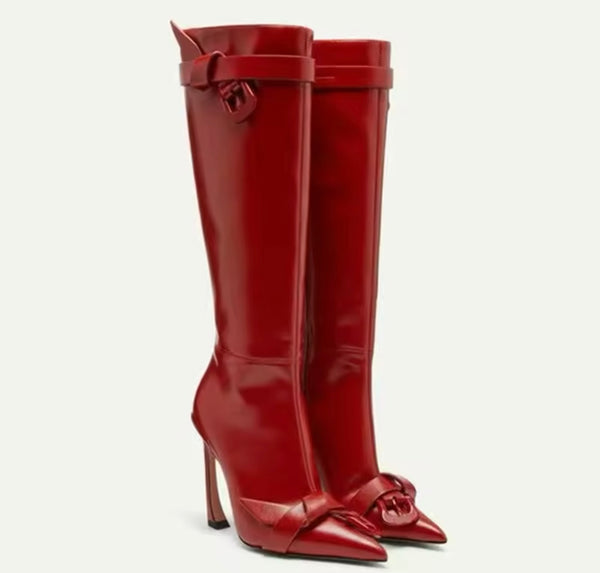 Women Buckled Pointed Toe Faux Leather Knee High Boots
