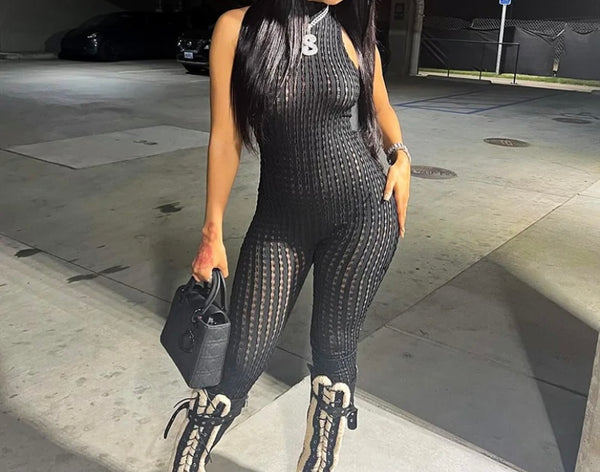 Women Black Sexy Sleeveless See Through Fashion Jumpsuit