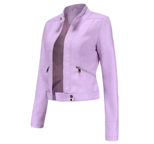 Women Color Zip Up Faux Leather Jacket