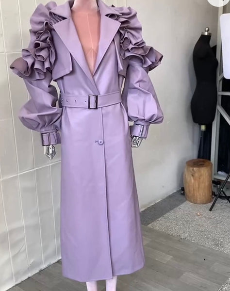 Women Color Ruffled Fashion Faux Leather Trench Jacket