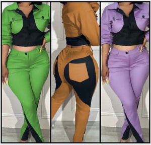 Women Fashion Color Patchwork Full Sleeve Button Up Pant Set