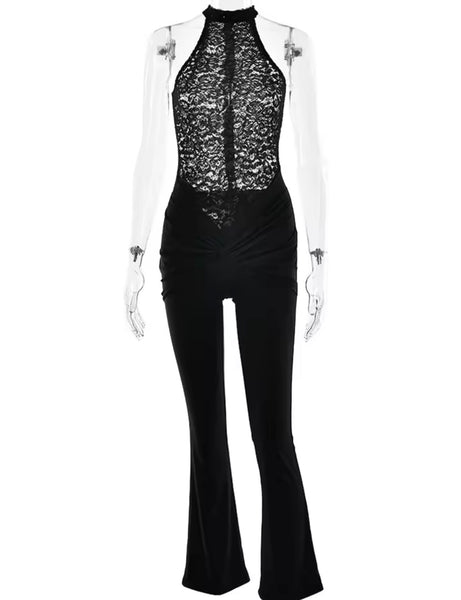 Women Sexy Sleeveless Lace Patchwork Wrap Jumpsuit