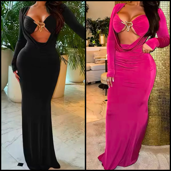 Women Sexy Solid Color Gold Metal Full Sleeve Maxi Dress