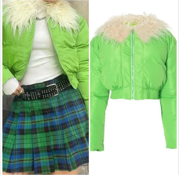 Women Fashion Green Furry Collar Puff Crop Jacket